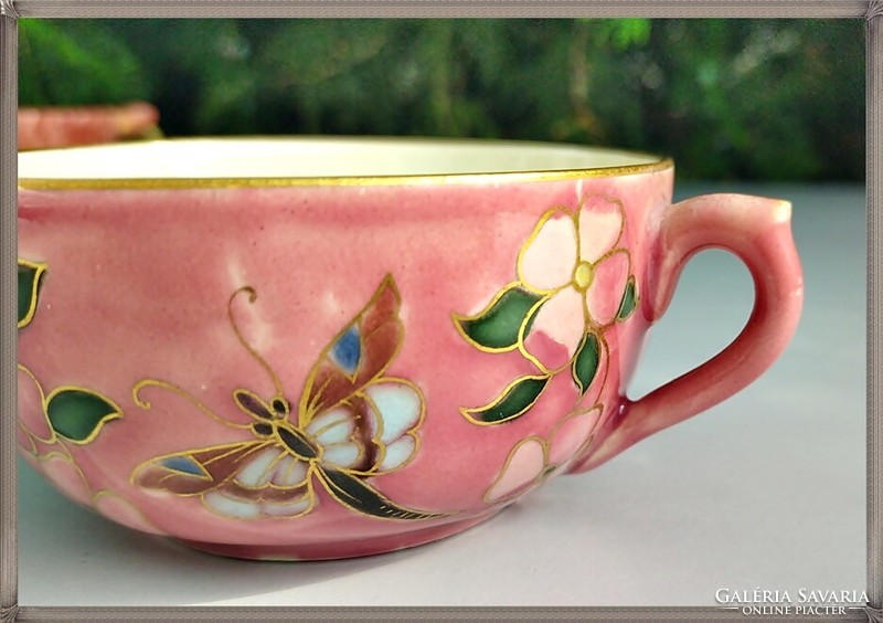 Zsolnay, rózsaszín mázas, Zsolnay Júlia pillangó mintás, családi pecsétes, teáscsésze, csésze szett