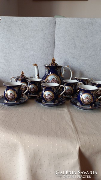 Japanese cobalt blue scene, 24.K. Gold-decorated porcelain tea set in a box