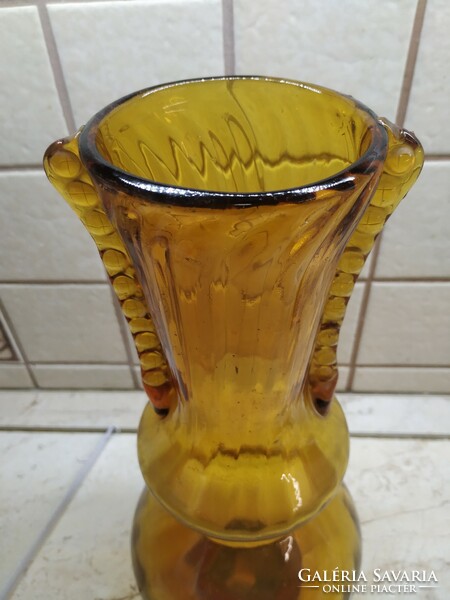 Gyönyörű borostyán sárga, gyűrt üveg váza  eladó!! 36 cm