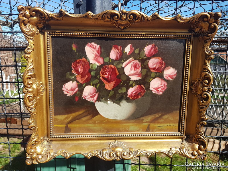 Murin with Vilmos mark: highly restored oil, canvas 31 x 40.5 cm, painting, rose still life