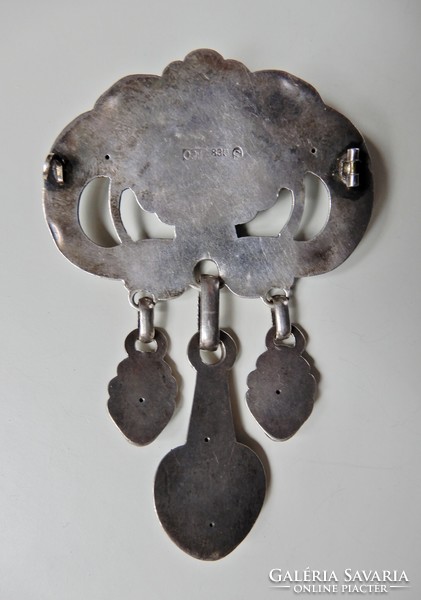 Antik dán C.Mortensen Art Nouveau nagyméretű ezüst bross borostyán kövekkel