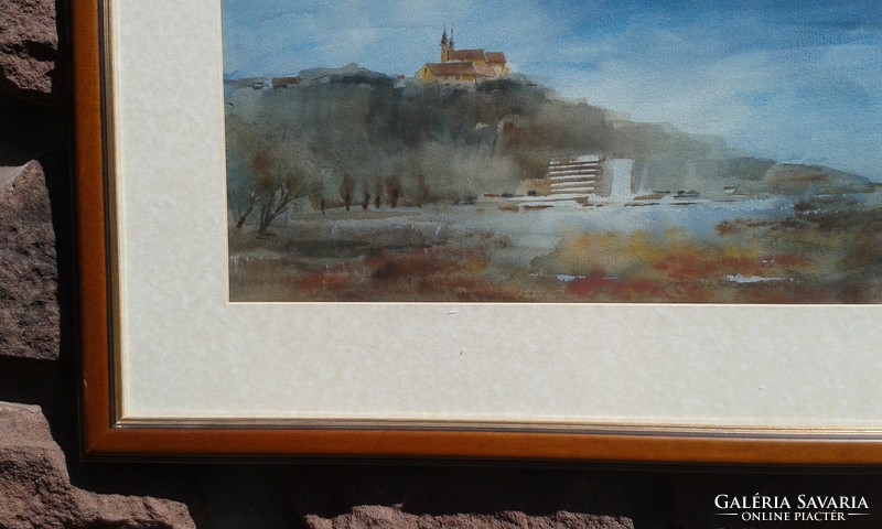 Hankó béla: balaton, tihany, abbey in autumn, watercolor, landscape, painting