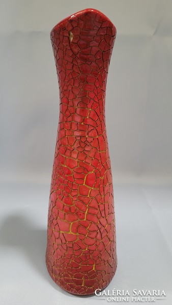 Zsolnay eozin ökörvér repesztett, zsugor mázas modern váza