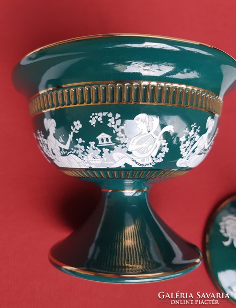 FIORENTINE olasz jelenetes zöld türkiz porcelán kerámia bonbonier asztalközép kínáló arany széllel