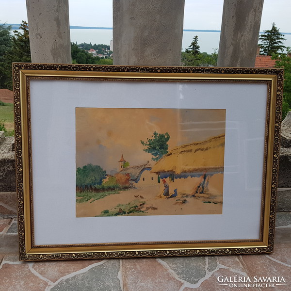 Neogrády antal: village snapshot, watercolor 28 x 38 cm, landscape, in a cute picture frame