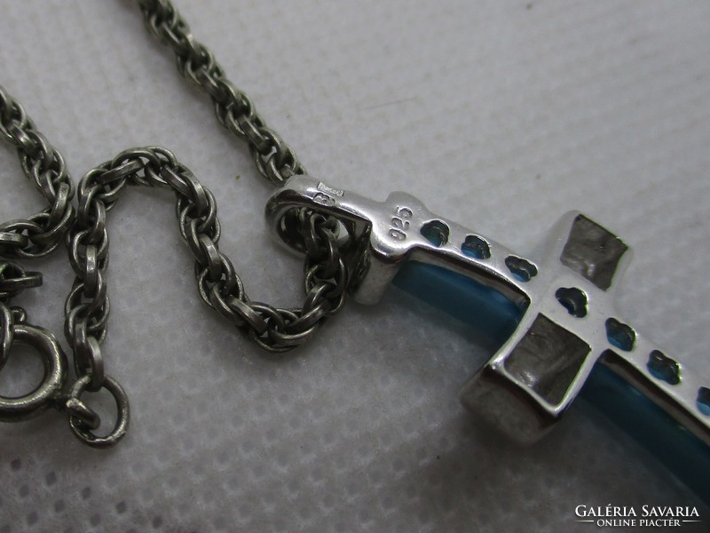 Beautiful old mint silver necklace with turquoise enamel cross pendant