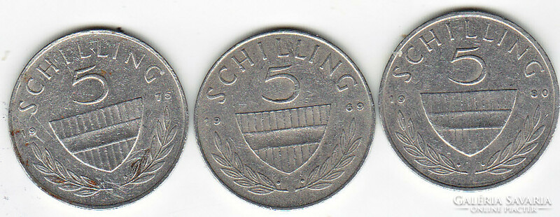 Ausztria 5 schilling 3 darab  1969/1975/1980VG