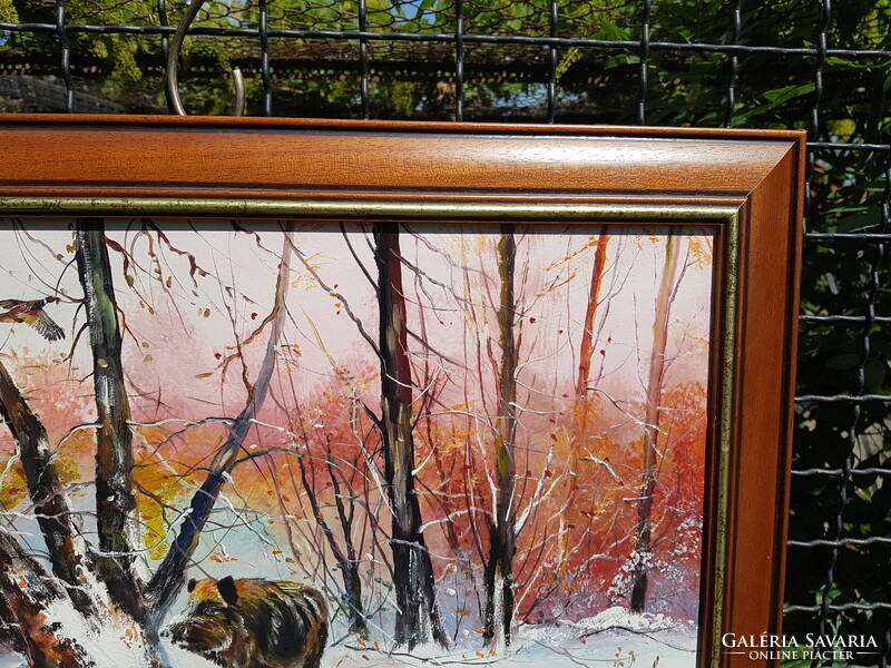 Vaddisznó fácánokkal télen. Olaj, fa 35 x55 cm, festmény, tájkép, aranyos-barna fa képkeret. TPapp
