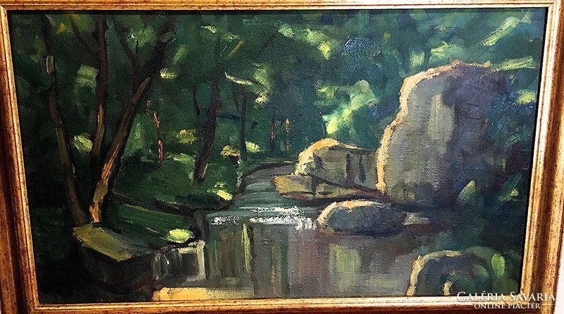 Forest interior with stream, also Signó, with frame 56 x 86 cm, oil on canvas