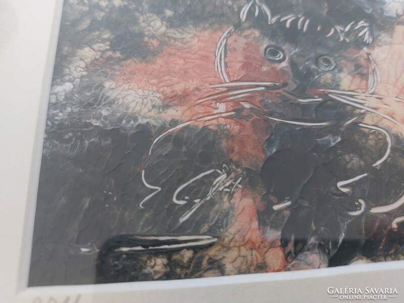 (K) Szép kis absztrakt festmény cica 23x18 cm kerettel