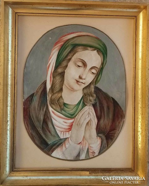 Molnár c. Pál praying madonna exhibited in gallery - watercolor holy picture