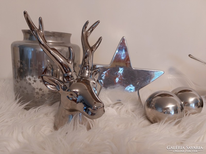 Karácsonyi ezüst kerámia szarvasfej dekoráció 27 cm