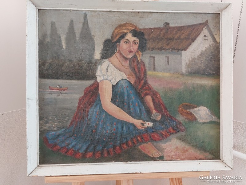 (K) gypsy girl throwing cards painting 62x51 cm signed with frame