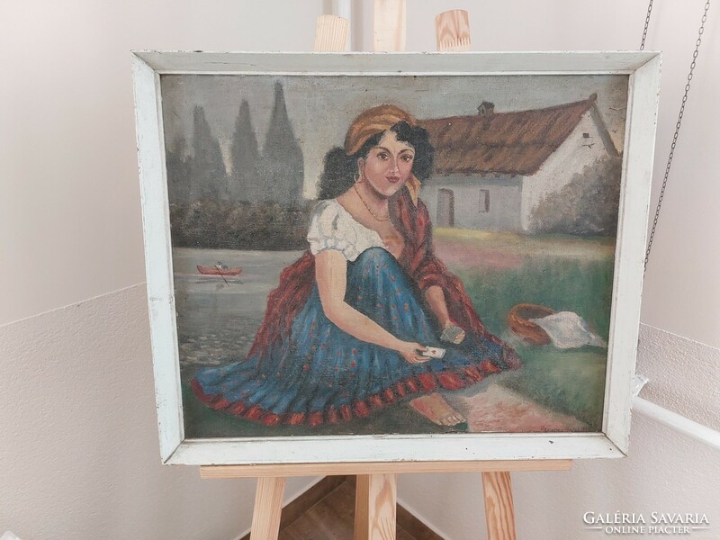 (K) gypsy girl throwing cards painting 62x51 cm signed with frame