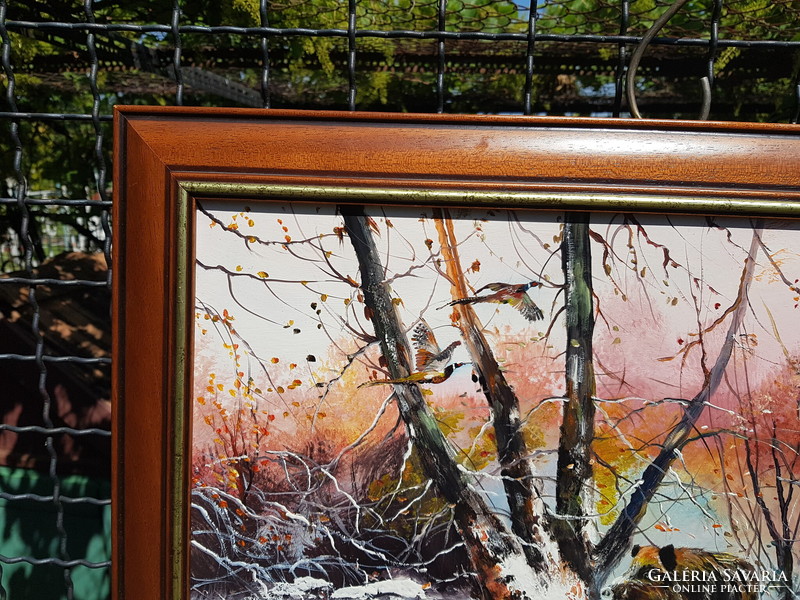 Wild boar with pheasants in winter. Oil, wood 35 x 55 cm, painting, landscape, golden-brown wooden picture frame. Tpapp
