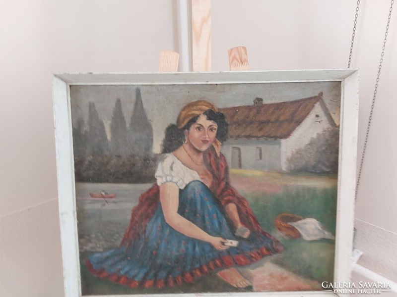 (K) gypsy girl throwing cards painting 62x51 cm signed with frame