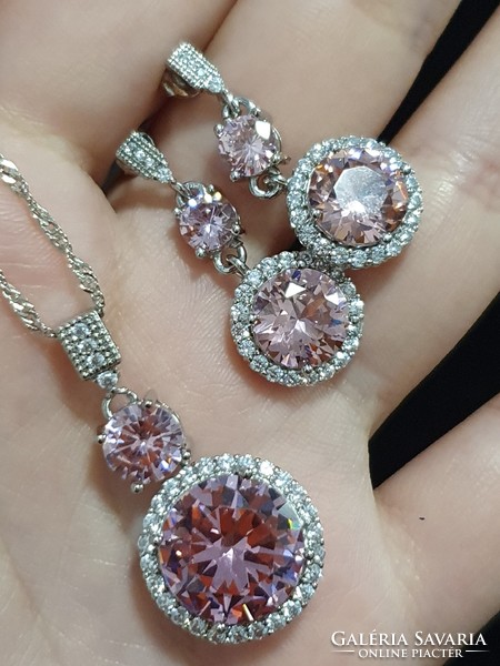 Half price! Miracle! Pink zirconia earrings and necklace set, marked platinum (pt950) included