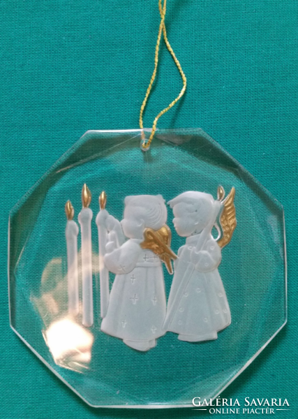 Régi bájos angyalkás áttetsző áttetsző műanyag, akril karácsonyfadísz 8 x 8 cm