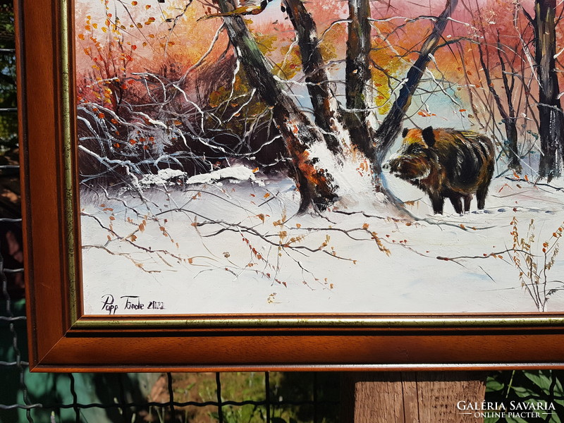 Wild boar with pheasants in winter. Oil, wood 35 x 55 cm, painting, landscape, golden-brown wooden picture frame. Tpapp