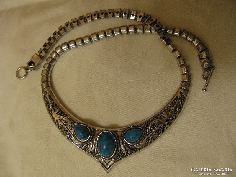 Oriental style decorative metal necklace with turquoise stones