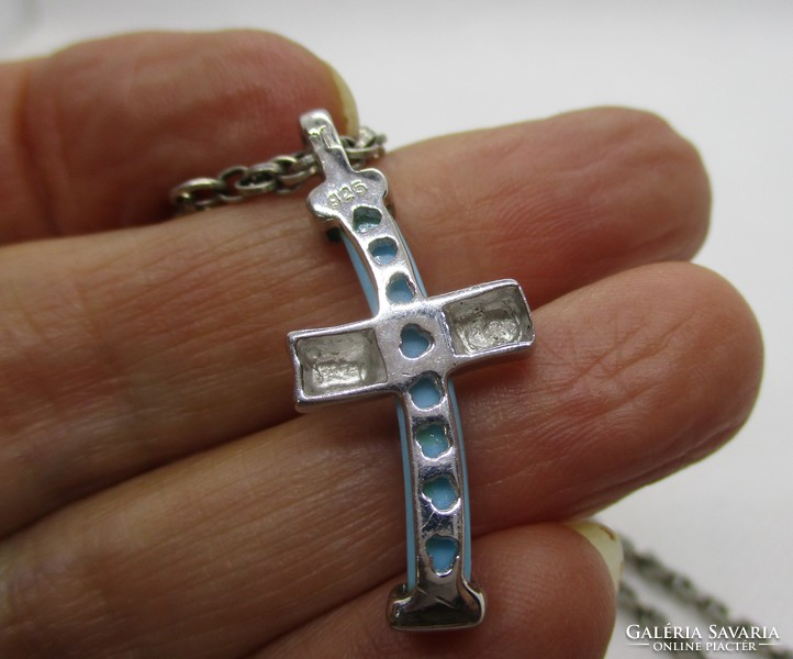 Beautiful old mint silver necklace with turquoise enamel cross pendant