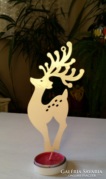 Fehér fém rénszarvasos gyertyatartó, függeszthető karácsonyi dekoráció, 16 cm magas