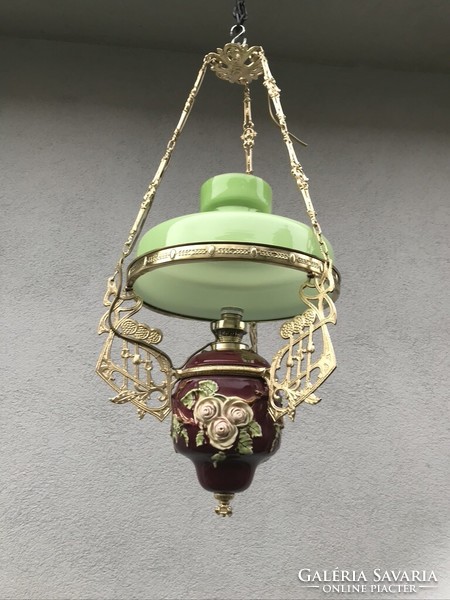 Petroleum lamp, majolica, with a green bulb