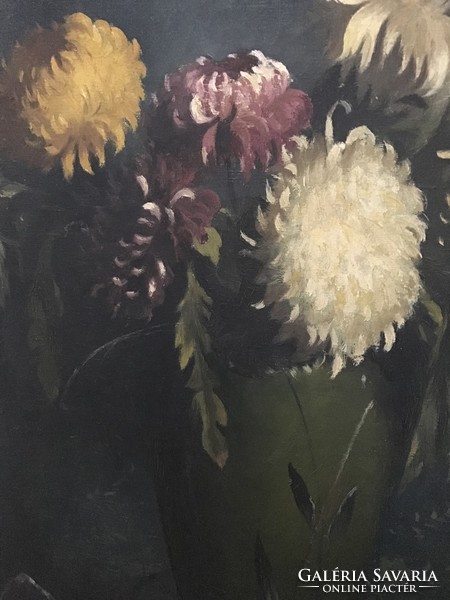 Raven k. Signed: floral still life (chrysanthemums), oil on canvas