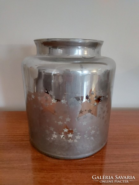 Christmas silver frosted glass candle holder with stars, large caspo 24 cm