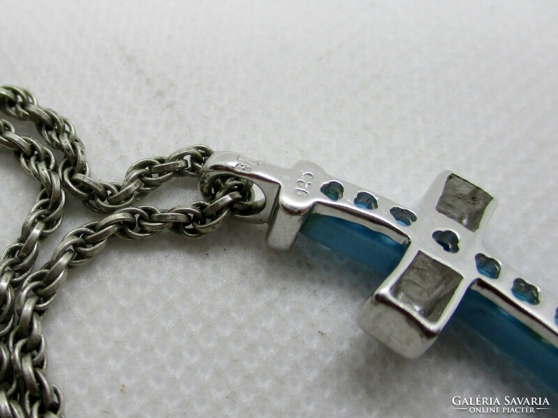 Beautiful old mint silver necklace with turquoise enamel cross pendant