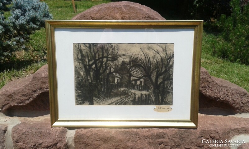 Remsey: etching 30.5x44.5 cm. Modern picture frame. Rural landscape.