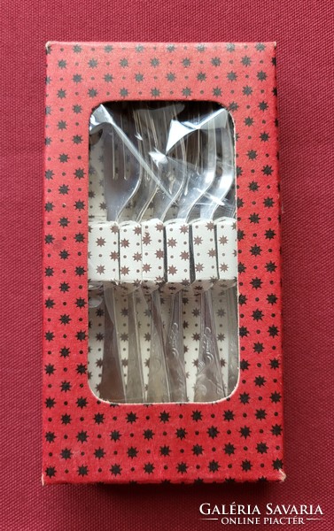 Met silver colored metal small fork cake fork set in original box