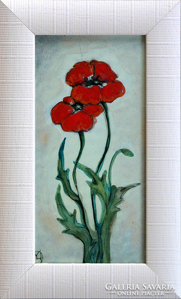 Margit Fehér: Poppies - fire enamel - framed 27x17cm - artwork 20x10cm - 23/857