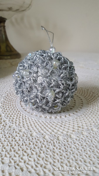 Interesting, shiny silver Christmas tree decoration with pearls 8.5 cm.