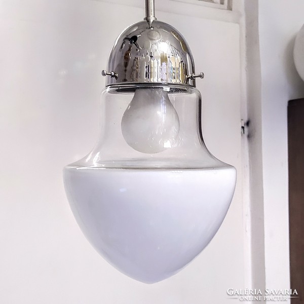 Bauhaus - Art deco mennyezeti lámpa felújítva - különleges formájú víztiszta - tejüvegüveg búra
