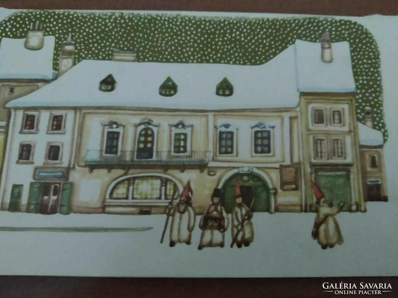 Régi karácsonyi kinyithatós képeslap, rajz: Szűcs Erzsébet