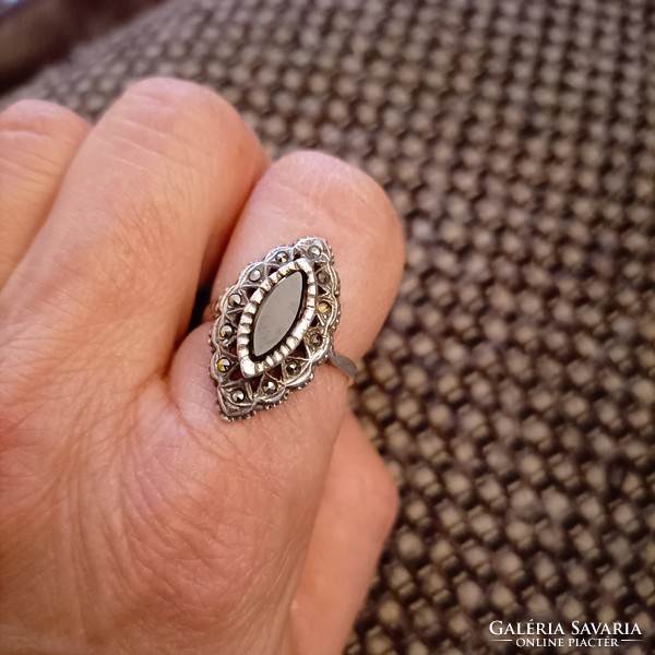 Antique onyx and marcasite silver ring