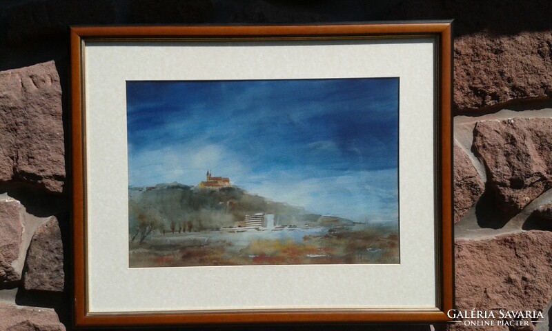 KÉT KÉP EGYÜTT! 1/ Hankó Béla Balaton Tihany Apátság ősszel akvarell tájkép festmény