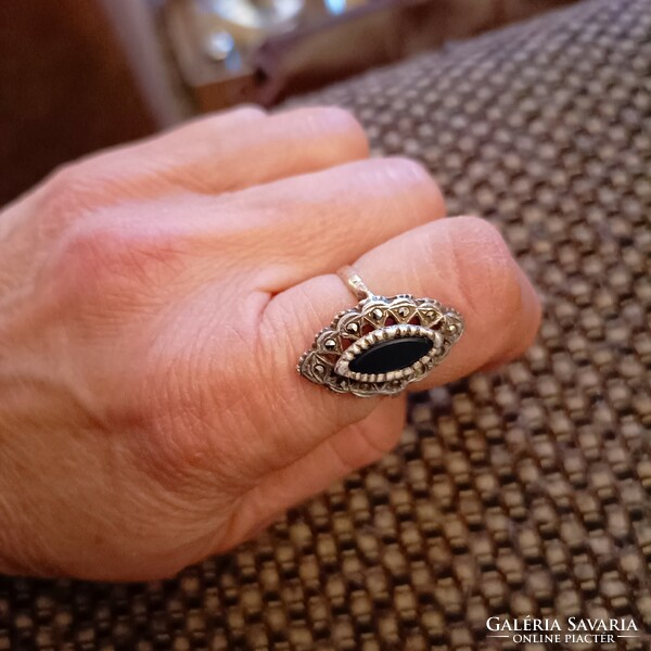 Antique onyx and marcasite silver ring