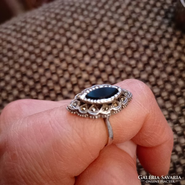 Antique onyx and marcasite silver ring