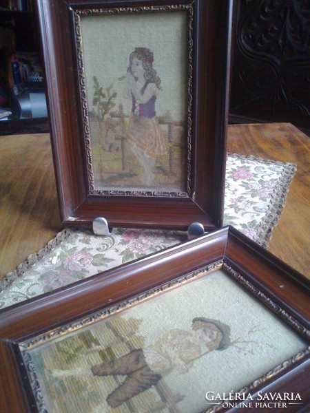 Framed in a romantic style, artistic needle tapestry, from the early years of the 20th century