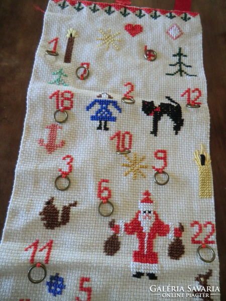 Antique Christmas calendar hand-embroidered with 24 hanging rings 23x82 cm