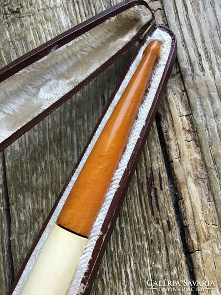 Antique tajték pipe with amber tip in its case