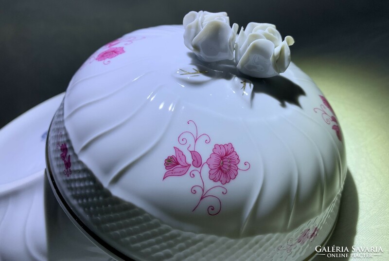 Hollóházi rózsafogós nagy méretű rózsás virágos porcelán bonbonier kekszes doboz 17 cm
