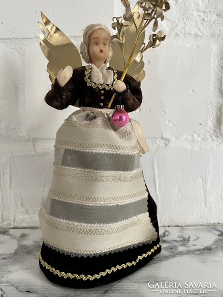 Beautiful antique angel Christmas tree ornament with wax head and hands top decoration