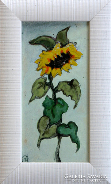 Margit Fehér: Sunflower still life - fire enamel - framed 27x17cm - artwork 20x10cm - 23/857