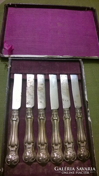 Antique silver buttering knife set in box, Rocher blade 6 pcs