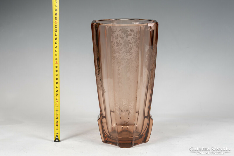 Czech polished glass vase - with floral decor