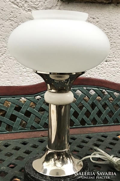 Chrome table lamp with white glass cover