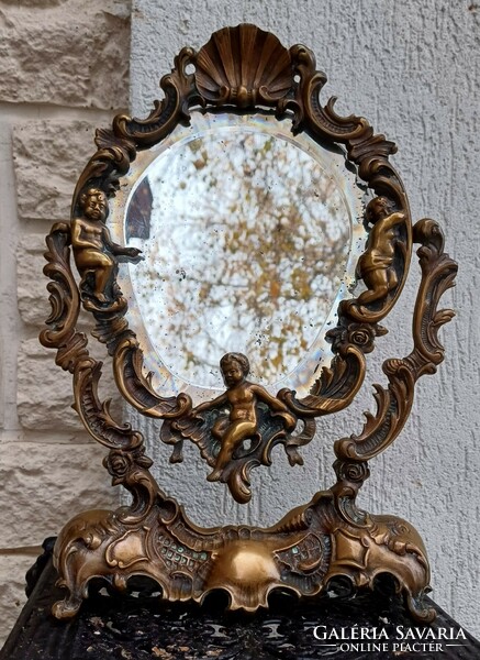 Antik bronz billegős angyakàs tükör ,pipere tükör. Asztali tükőr .Kivàlóvajàndèk dekoràció gyüjtemèn